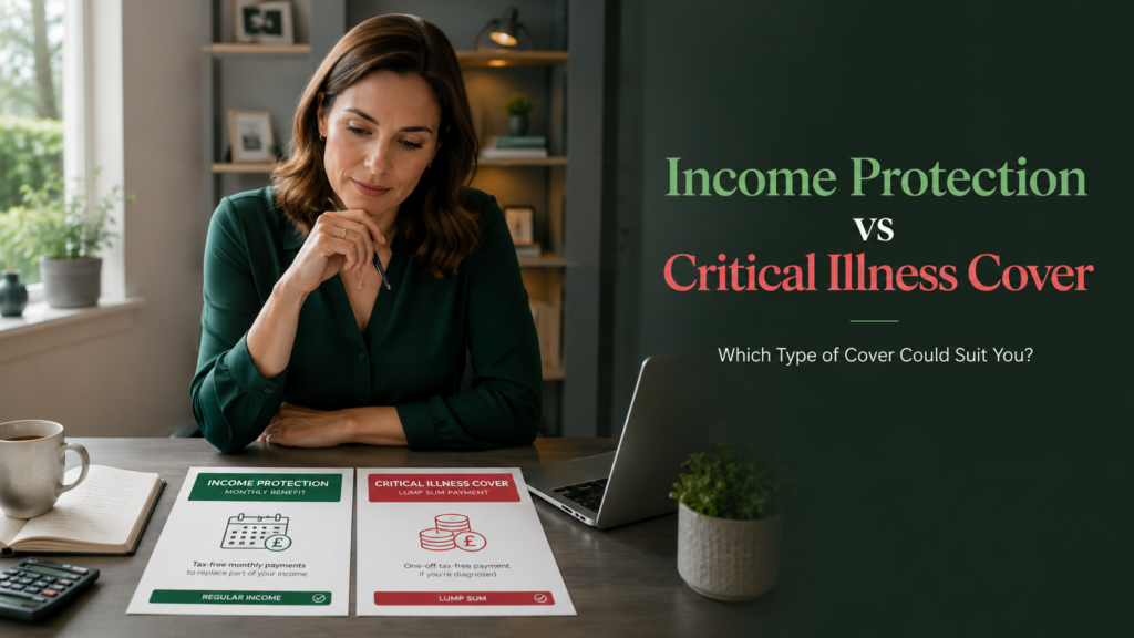 Woman comparing income protection and critical illness cover documents at a desk, showing UK protection insurance options