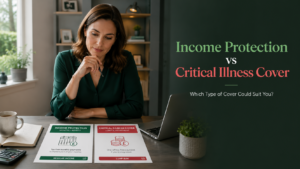 Woman comparing income protection and critical illness cover documents at a desk, showing UK protection insurance options