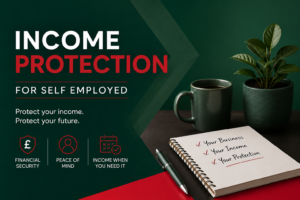 Income protection for self-employed professionals with financial security checklist, green and red themed desk setup.